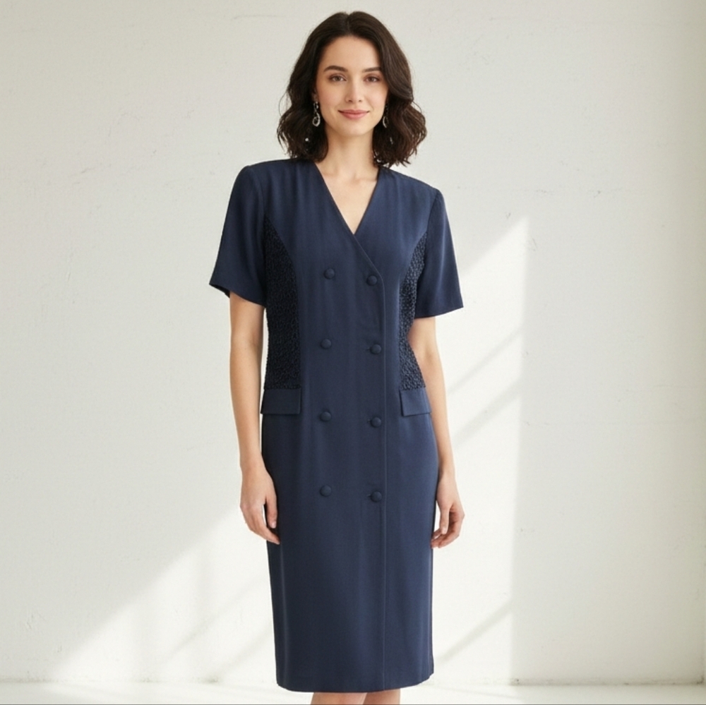 Joseph Ribkoff Womens Vintage Preppy Navy Button Front W Lace Midi Dress Size 10